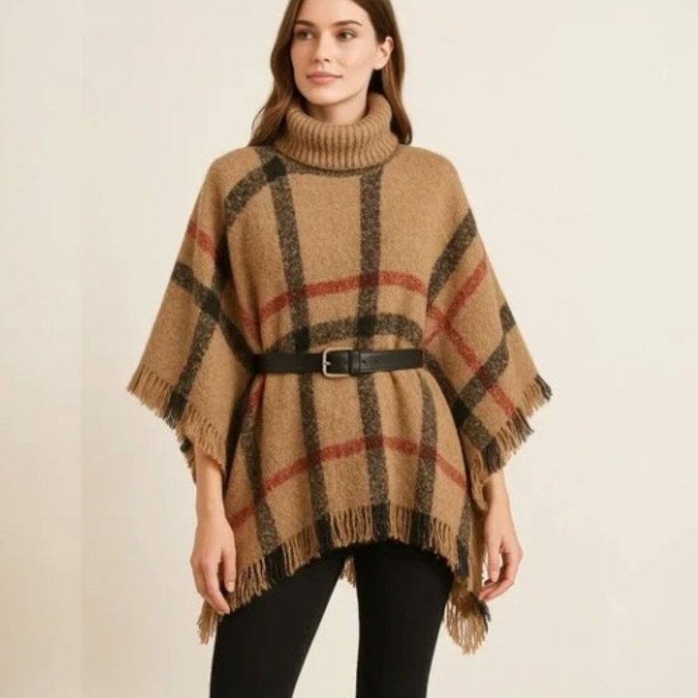 Womens Plaid Turtleneck Poncho Fringed Hem Cape Shawl Wrap Tan Brown Acrylic